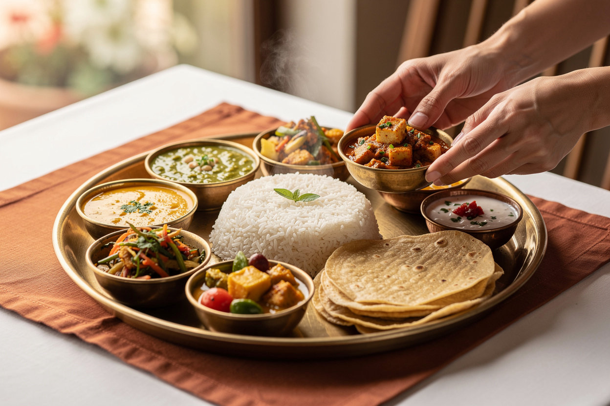 Chez Chander authentic North Indian vegetarian Thali with rice, bread, curry, vegetables and condiments - daily special philosophy